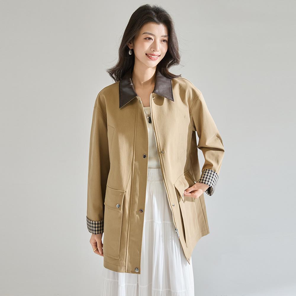 26 Spring and Summer New Retro Temperament Trench Coat Barn Style Contrasting Color PU Leather Lapel Plaid Splicing Jacket 29074