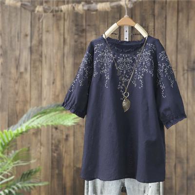 T-shirt fleuri ample style littéraire rétro pour femmes d'âge mûr, été, effet amincissant