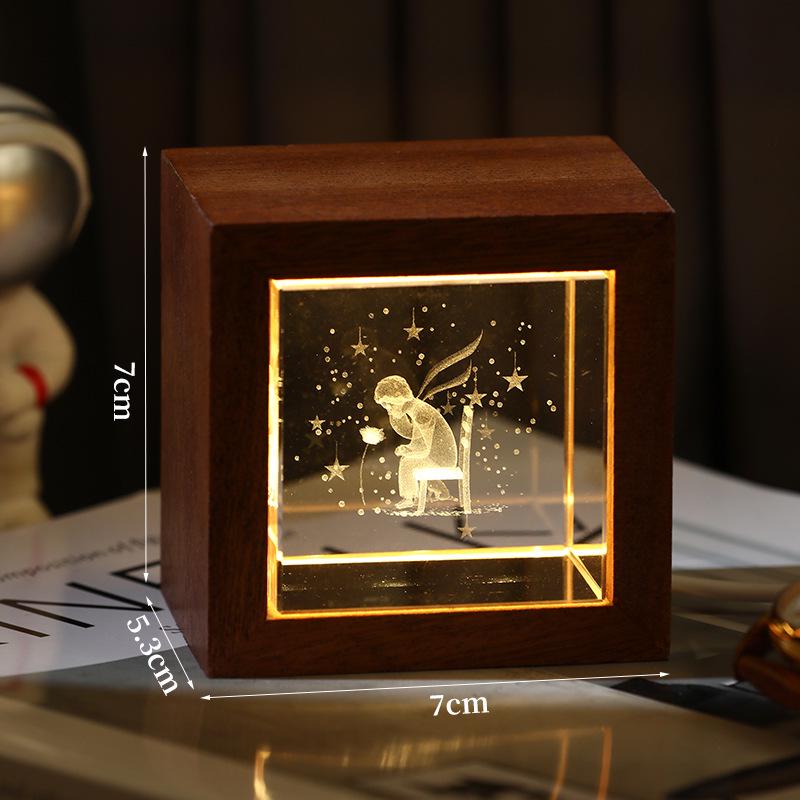 3D Galaxy Crystal Cube Night Light with Wooden Base - Illuminated Desktop Ornament, Perfect Birthday Gift
