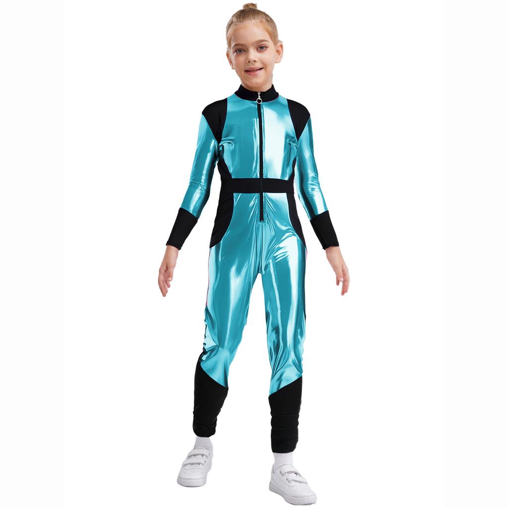 Kinder Halloween Außerirdischen Cosplay Overall: Langärmeliger Hochtaillierter Glänzender Metallischer Reißverschluss Sportlicher Body für Rollenspiele