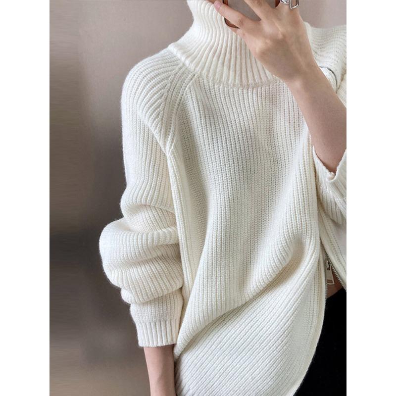 Lazy Style High Neck Zipper Solid Color High-end Knitted Sweater for Outerwear, Loose Long Sleeved Warm Top for Outerwear
