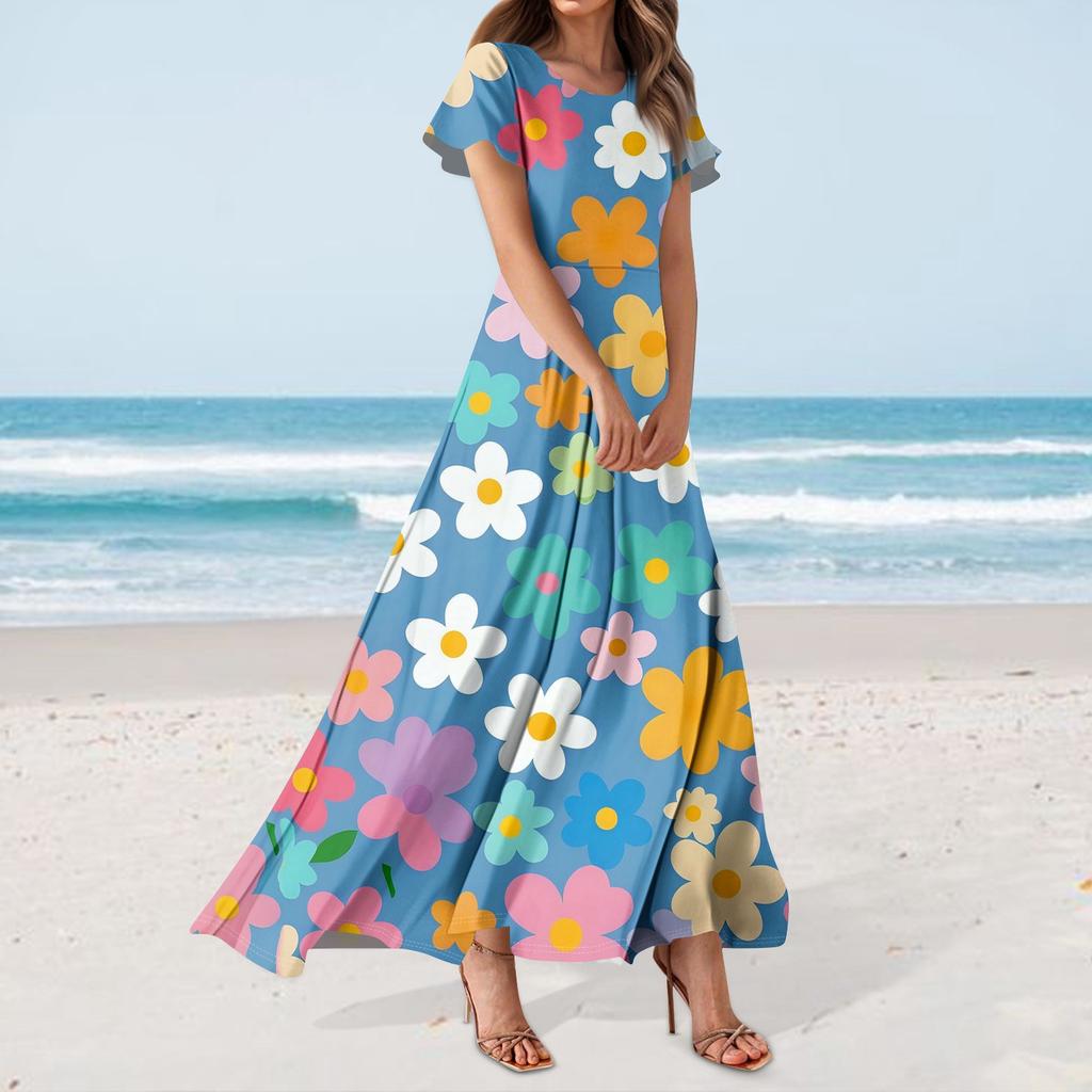 Women's Hawaiian Print Casual Round Neck Short Sleeve High Waist Dress