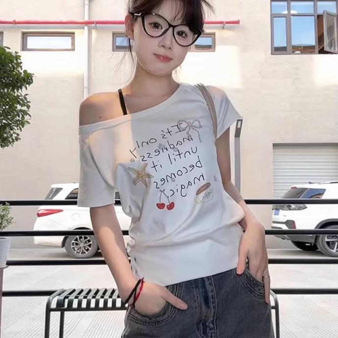 White One-Shoulder Women's Slimming Summer T-Shirt