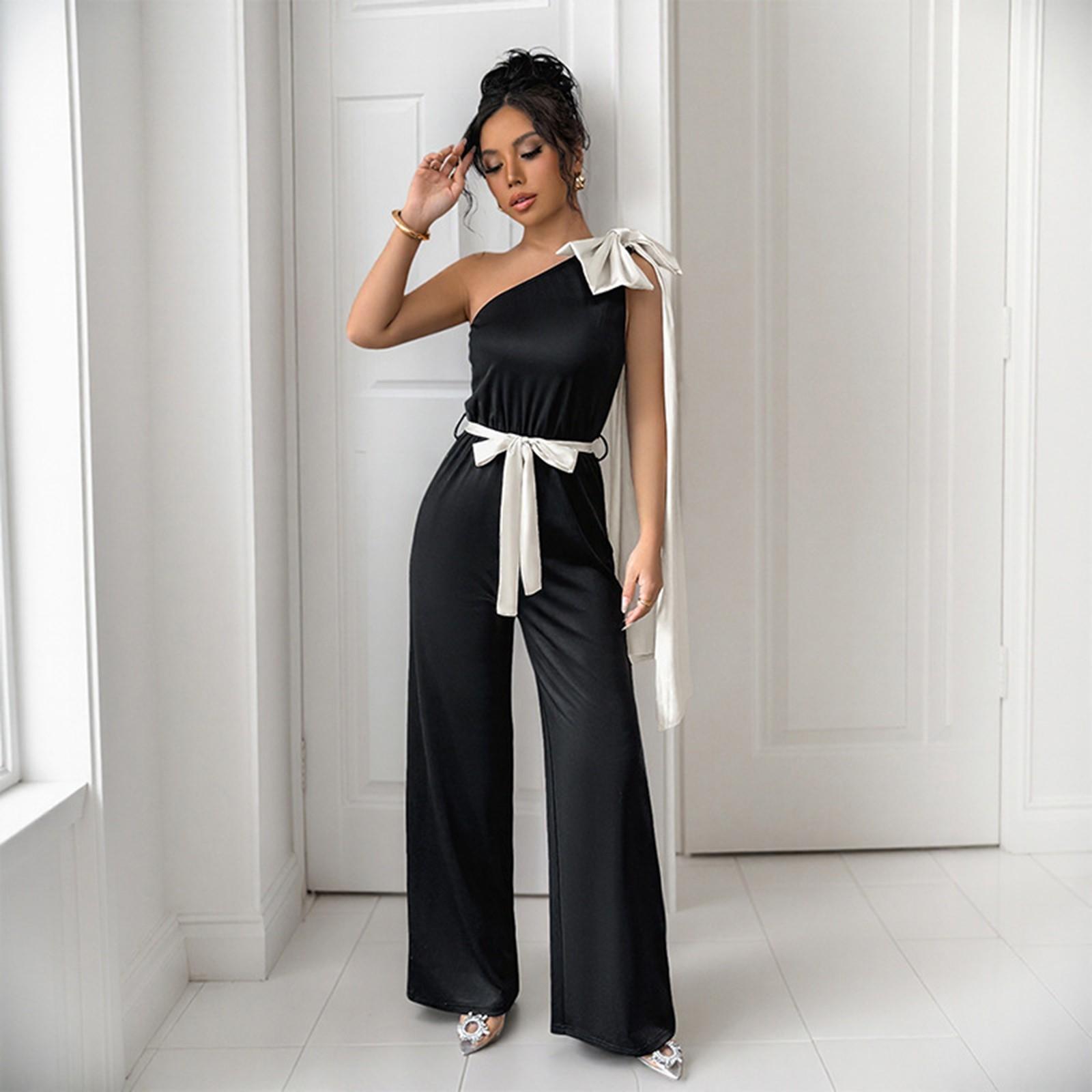 

Женский летний комбинезон, элегантный сексуальный боди без рукавов, повседневные широкие брюки M чёрный