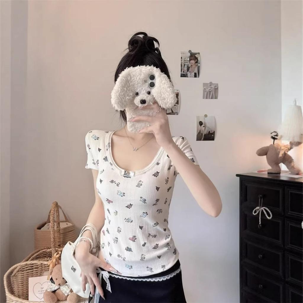 Sweet Spice Girl U-Neck Floral Bow with Chest Pad Short Sleeve T-Shirt Women's Summer New Slim Skinny Versatile Top