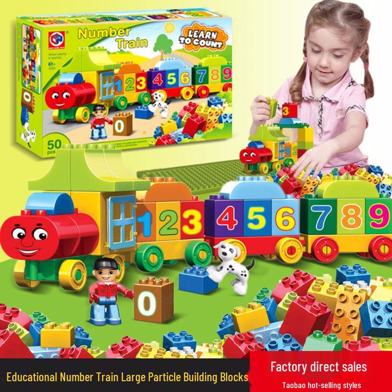 Blocuri Puzzle Tren cu Numere pentru Copii, 50 de Piese cu Găleată de Depozitare