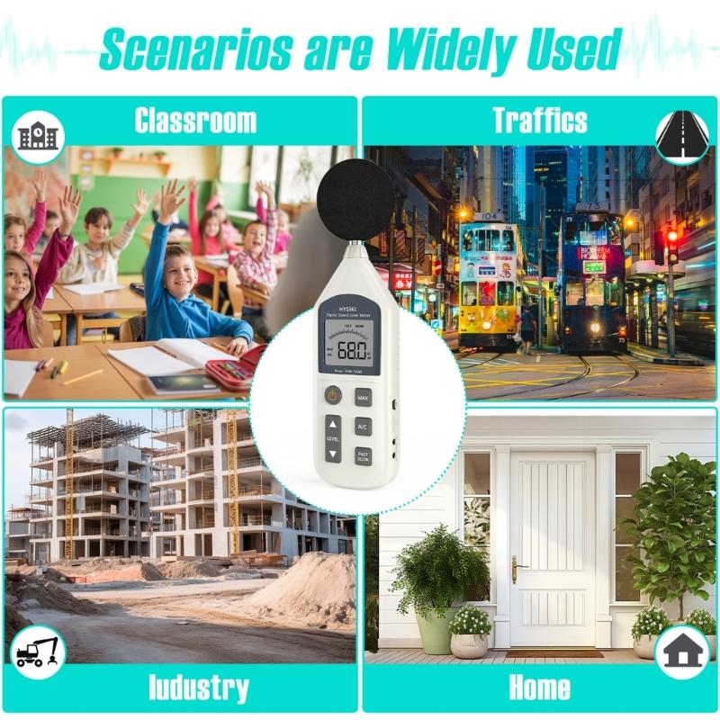 Handheld Decibels Meter Noise Level Tester 30 130dB Weighted with Large LCD Display for Noise Monitoring