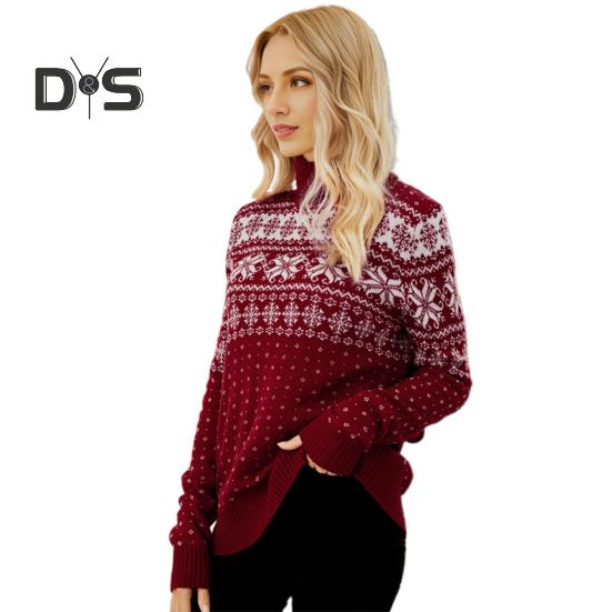 

Женский рождественский свитер с высоким воротником и длинным рукавом, жаккардовый принт со снежинками, вязаные топы, свободный трикотаж S красный