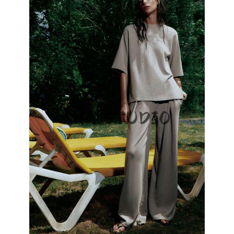 Washed Effect Double-sided Cloth round Neck Short sleeve T-shirt 4174190 Mid Waist Comfortable Casual Pants 4174191