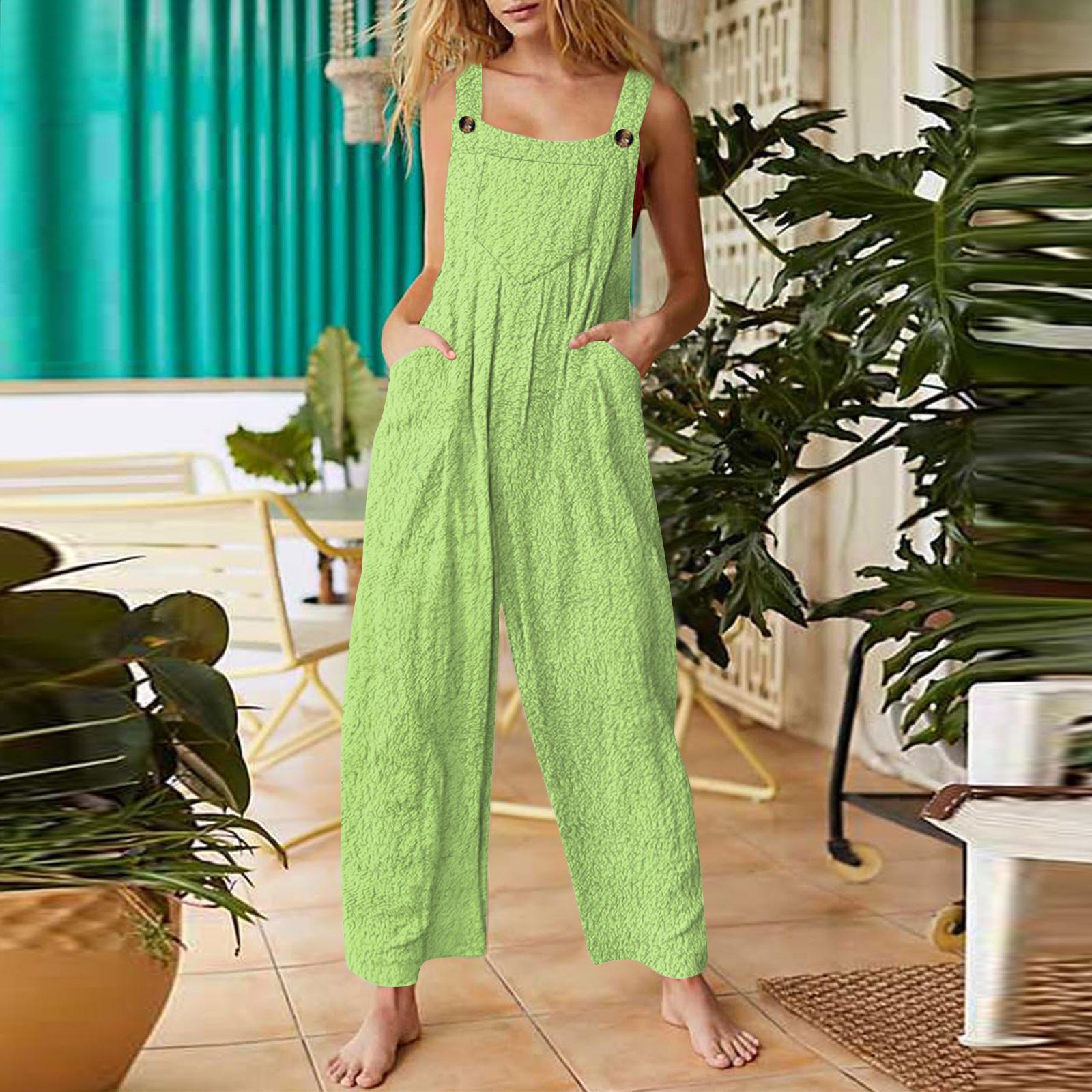 

Women s Fashion Flannel Color Casual Vintage Sleeveless Button Jumpsuit XXXL зелений