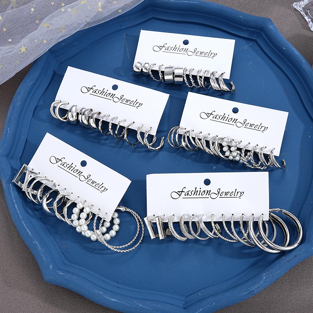 60 Stück/Set Modische Ohrringe Für Damen Boho Vintage Silberfarbe Geometrisches Design Perle Strass Steckerohrringe Schmuck Geschenke Neu