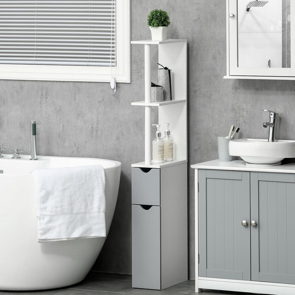 Bathroom Column with 2 Shelves and 2 Cabinets, Wooden, 15.2x29.8x118 Cm, White and Grey
