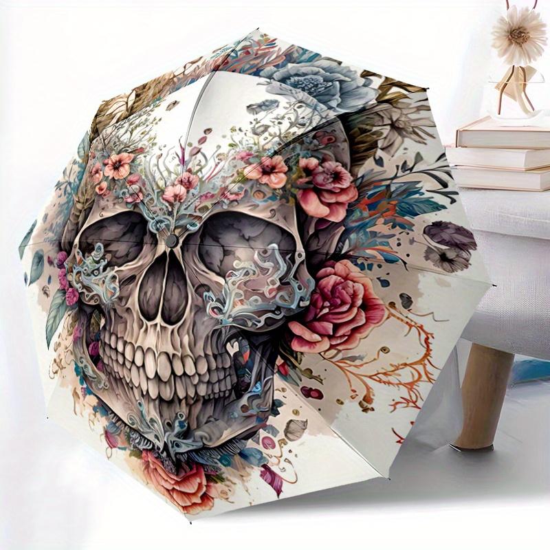 1pc Elegant Floral Skull Design Automatic Opening and Closing Umbrella, Lightweight 3-Fold, With Cute Cartoon Characters, Suitable for Home, Outd