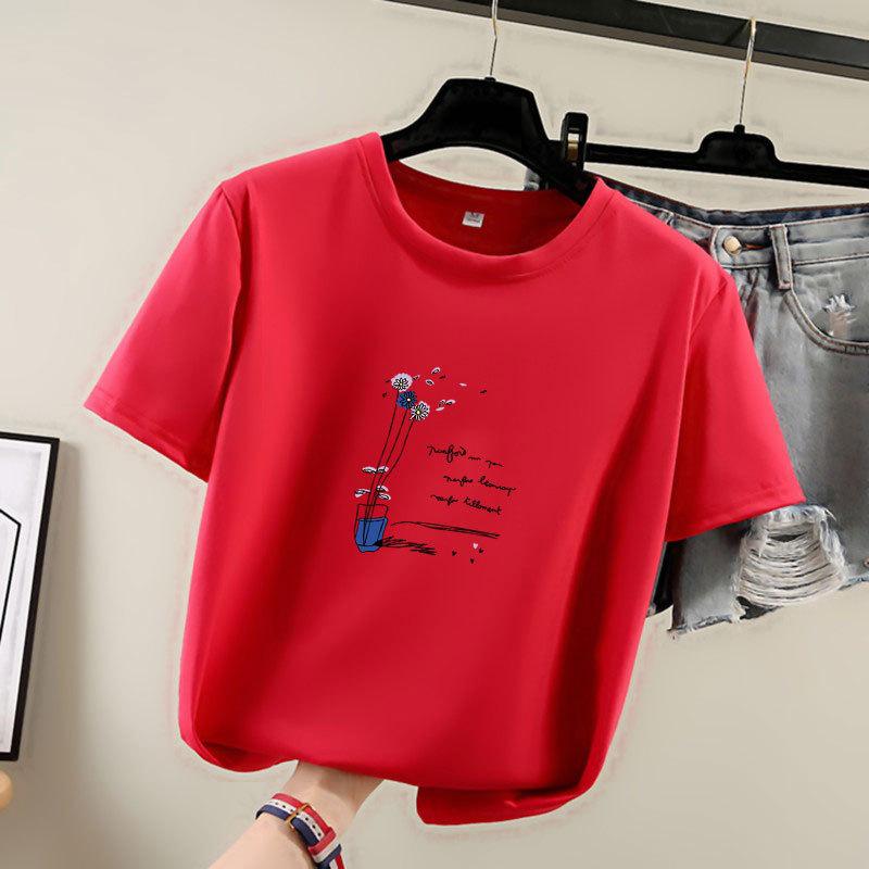 

2025 Лето Корейский стиль Женская футболка с коротким рукавом, принтом и круглым вырезом - Модный трендовый топ 3XL красный