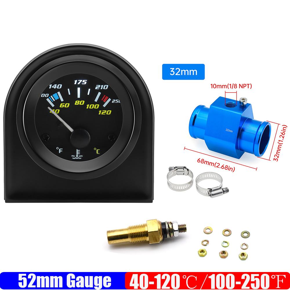 Medidor de Temperatura del Agua de 2" 52mm con Adaptador de Sensor 40-120℃ 100-250℉ Medidor de Temperatura del Agua para Coche de Carreras de Gasolina Automóvil 12V
