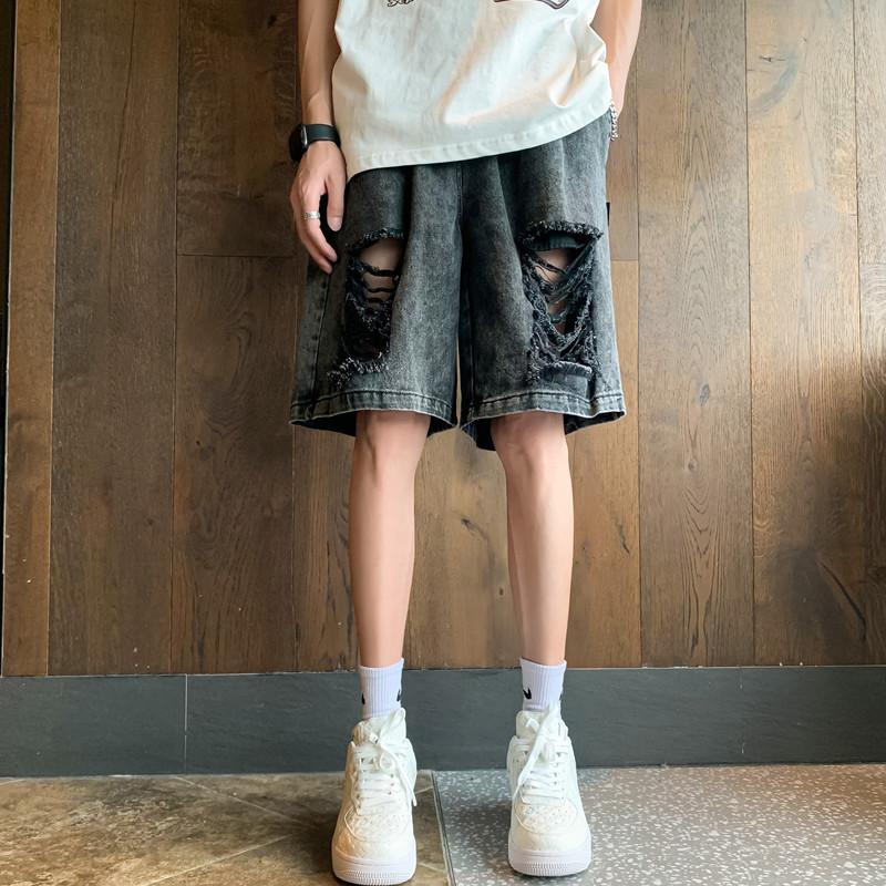 New pink ripped denim shorts men's summer casual fashion five-point pants