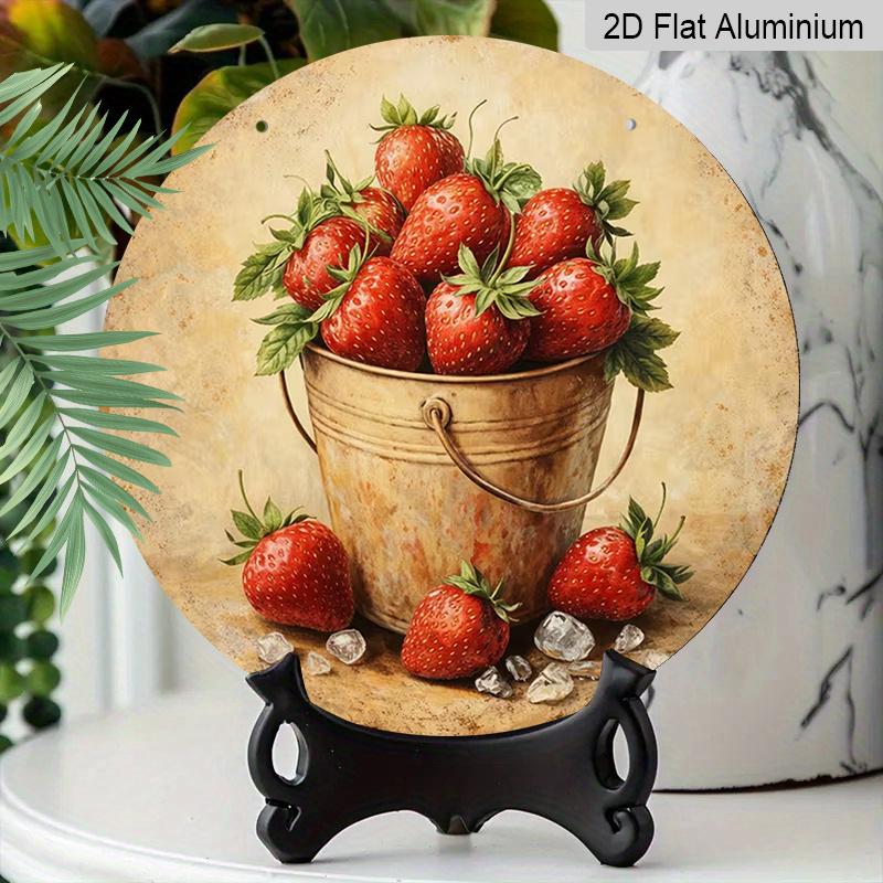 2D Flat Aluminum 7.87 Inch X 7.87 Inch Vintage Fresh Strawberry Pattern Wall Hanging, Country Style, Suitable for Dining Rooms, Gardens, Farmhouses