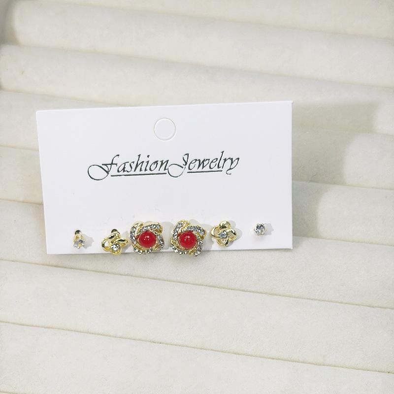 S925 Silver Diamond-Inlaid Spiral Red Pearl Stud Earrings - Three-Piece Set for Women