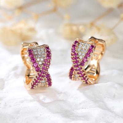 Luxury Gold Color Geometric Hoops Huggie Earrings for Women White Rose Red Zircon Engagement Earrings Wedding Party Jewelry Gifts