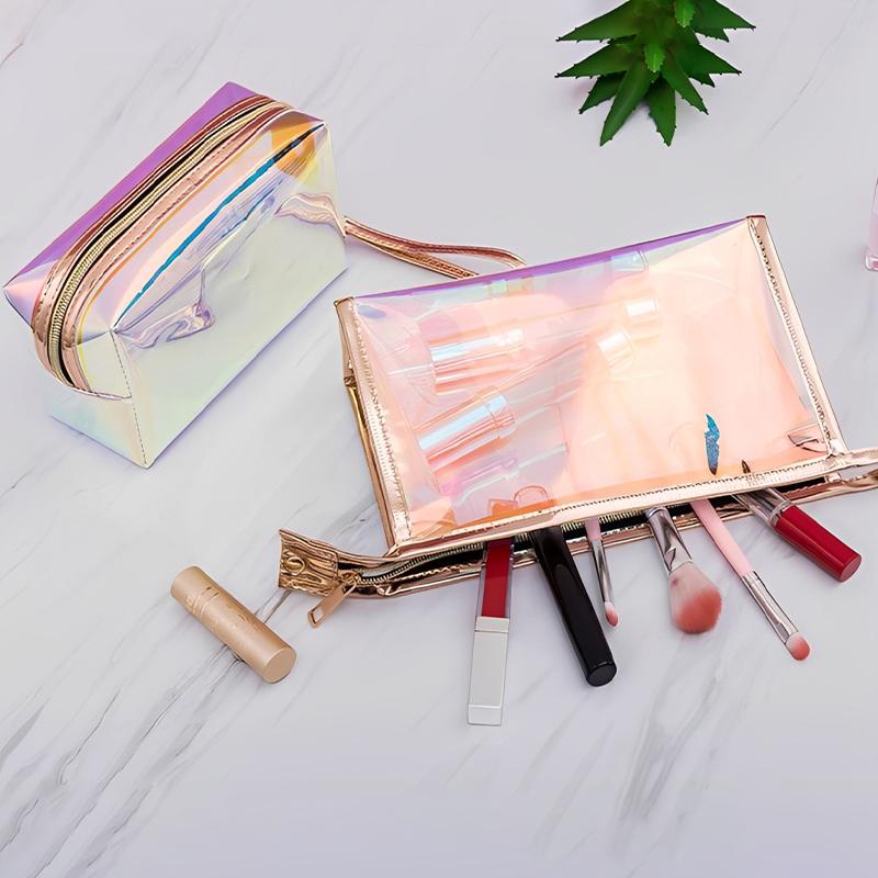 Borsa Trasparente Impermeabile in PVC per Cosmetici, Necessaire, Organizer per Trucco, Colore Laser, Cerniera, Lavabile, Beauty Case