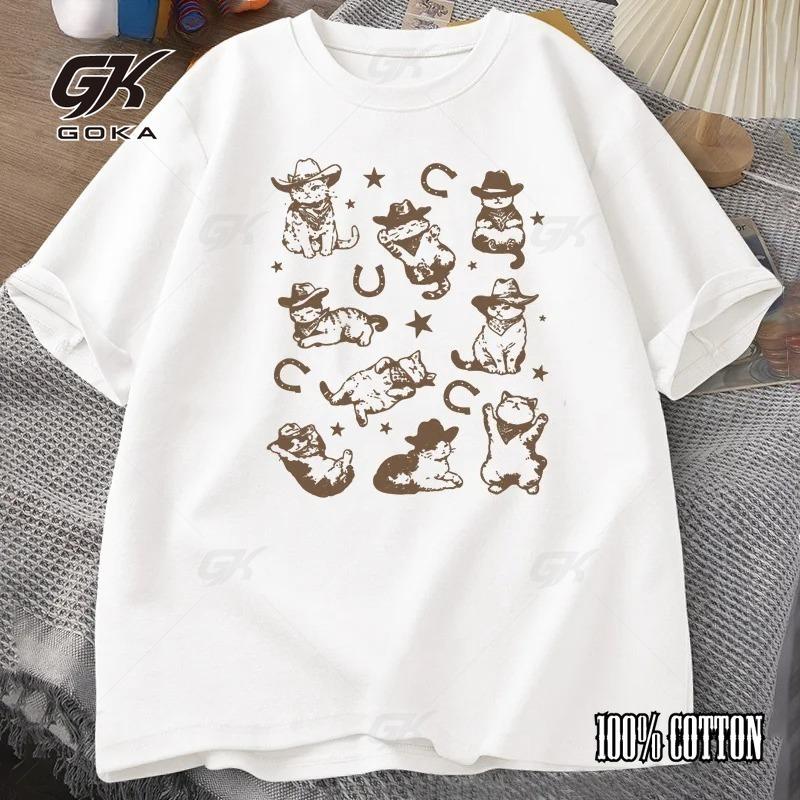 

Cowboy Cat T-shirt Fun Cat Printed T-shirt Retro Western Cat Aesthetics Casual Harajuku Pattern Funny Women s T-shirt S