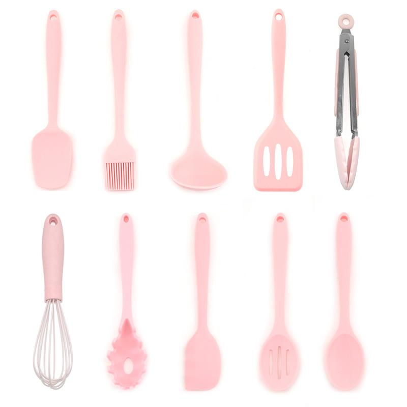 

Мини-набор из 10 предметов силиконовой кухонной утвари с антипригарным покрытием, силиконовая лопатка, скребок, кухонная утварь для готовки розовый
