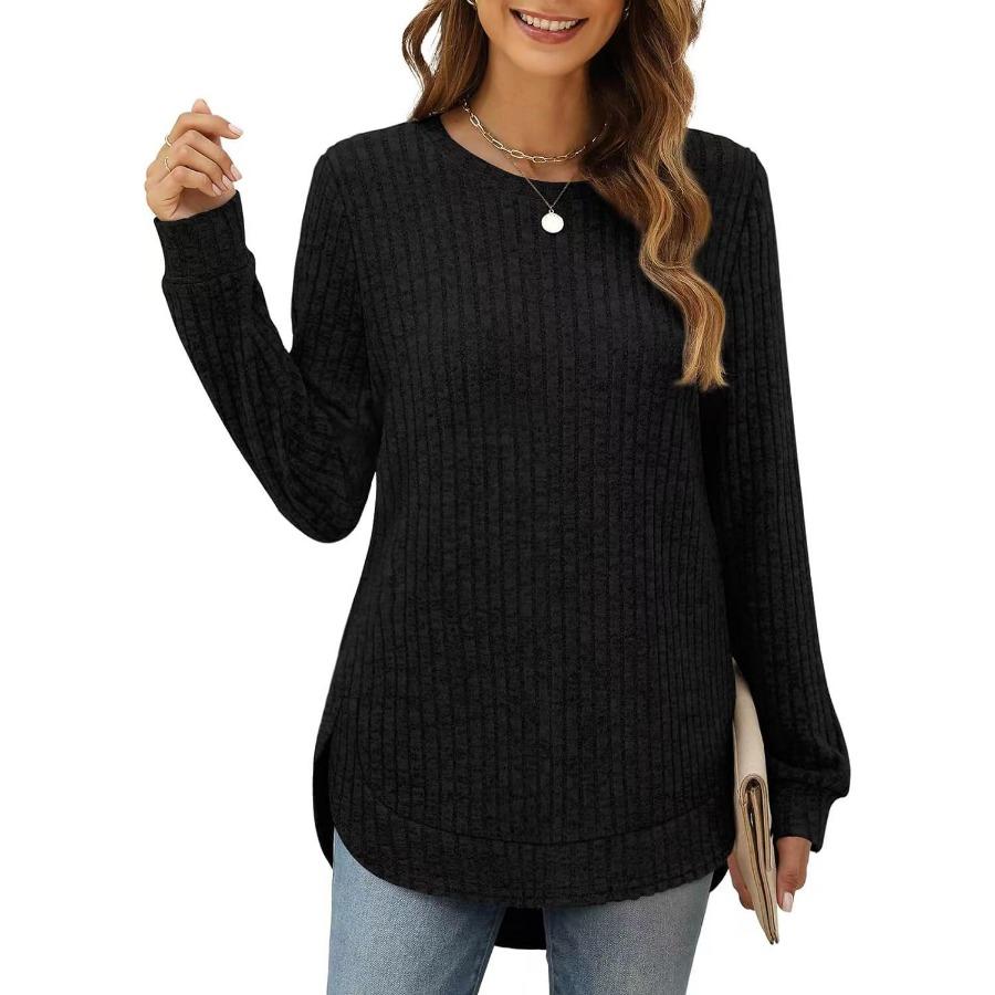 Autumn Winter Square Neck Stretch Rib Knit Top Solid Color Long Sleeve Loose T-shirt