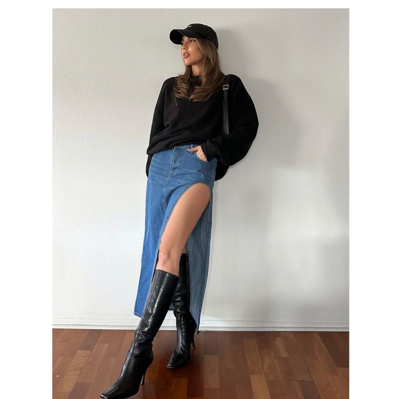 

INS Leg-Showing Skirt High Slit Long Denim Denim Blue L