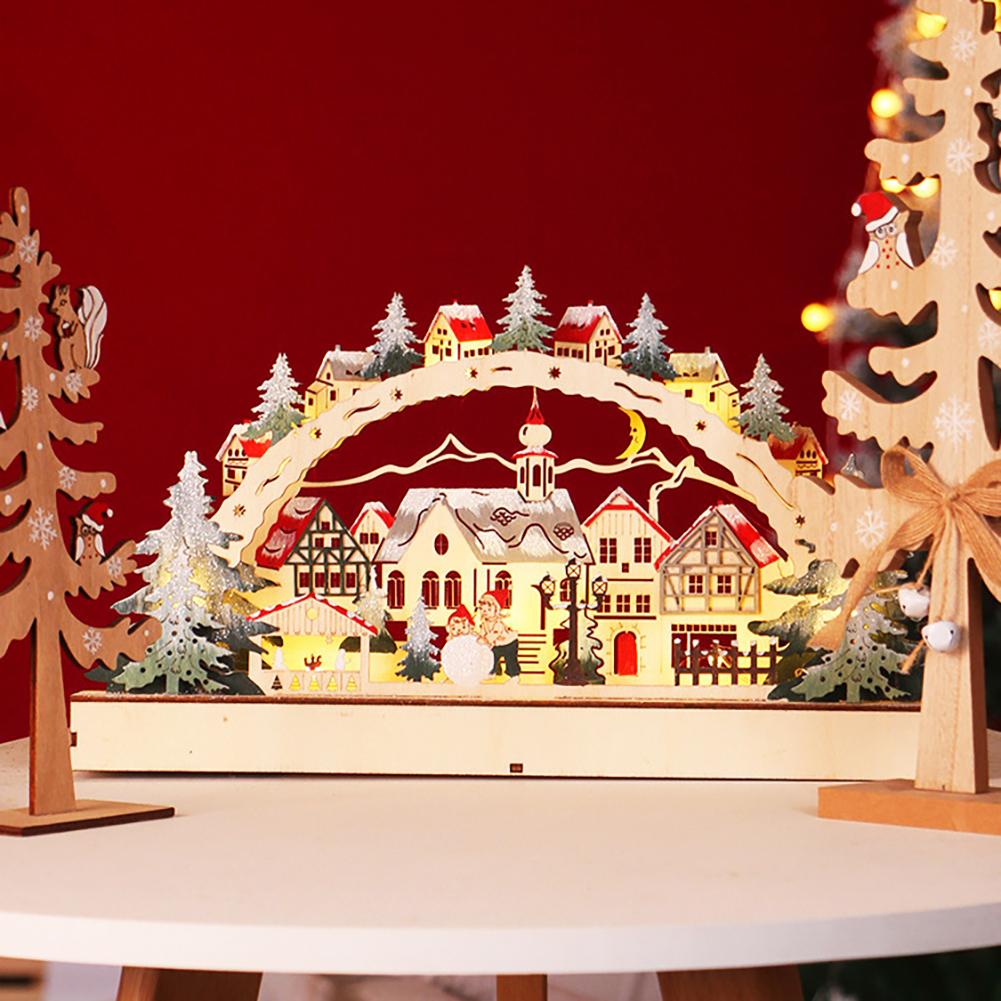 Wood Bridge Village LED Wooden Ornaments Collectible Christmas Decorations Battery Operated Gifts For Holidays Festivals