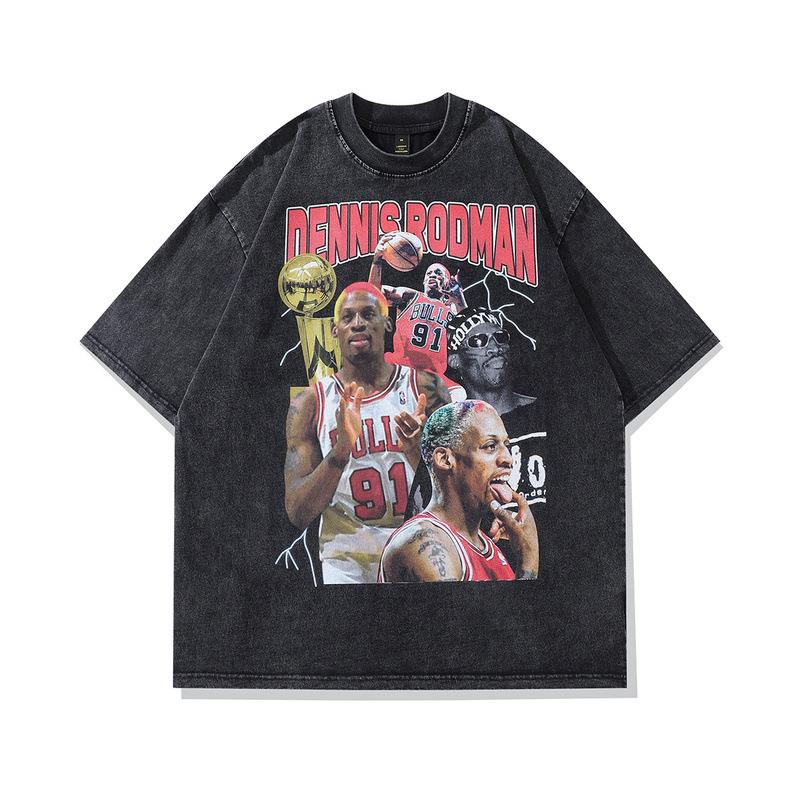 Rodman Portrait Retro Washed Old Short-Sleeved T-Shirt Men'S And Women'S American Street Hiphop Half-Sleeved Tee