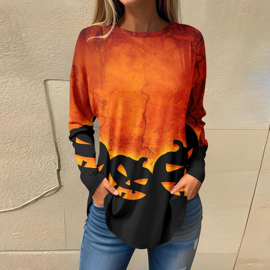 T-shirts voor Dames Herfst Casual Lange Mouw Shirts Sweatshirt Halloween Bedrukking Top Pullover