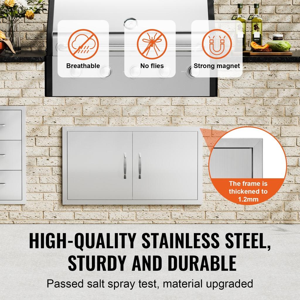 BBQ Access Door, 863x482 Mm Double Outdoor Kitchen Door, Stainless Steel Flush Mount Door, Wall Vertical Door with Handles, for BBQ Island, Grilling