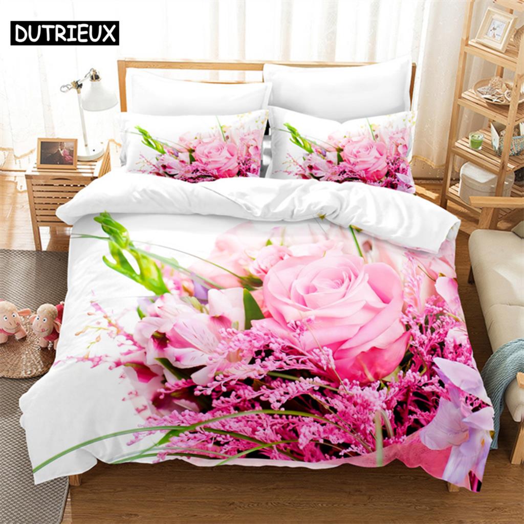 Pink Rose Queen Bedding Set Boys Girls Duvet Cover Bedroom Bed Set Comforter Cover Set King Size Duvet Cover Set Bedding Sets