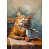 Oranje Kat Liggend Zonnebloem Poster Schattige Katten Koffie Drinken Canvas Schilderij Wandkunst Afbeelding voor Woonkamer Huis Muurschildering