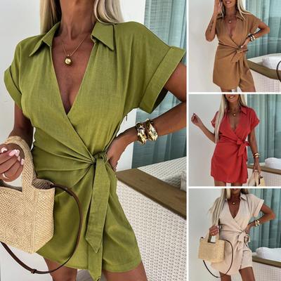Women Summer Romper Lapel Deep V Neck Lace-up Tight Waist Short Sleeves Pure Color Vacation Style