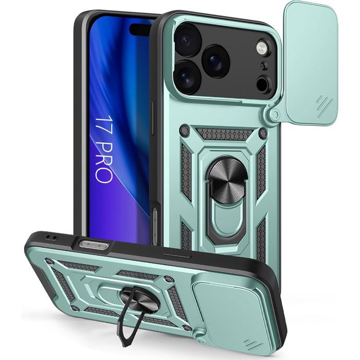 Coque de protection - EF CONNECTION - pour iPhone 17 Pro - Antichoc - Support anneau - Vert nuit