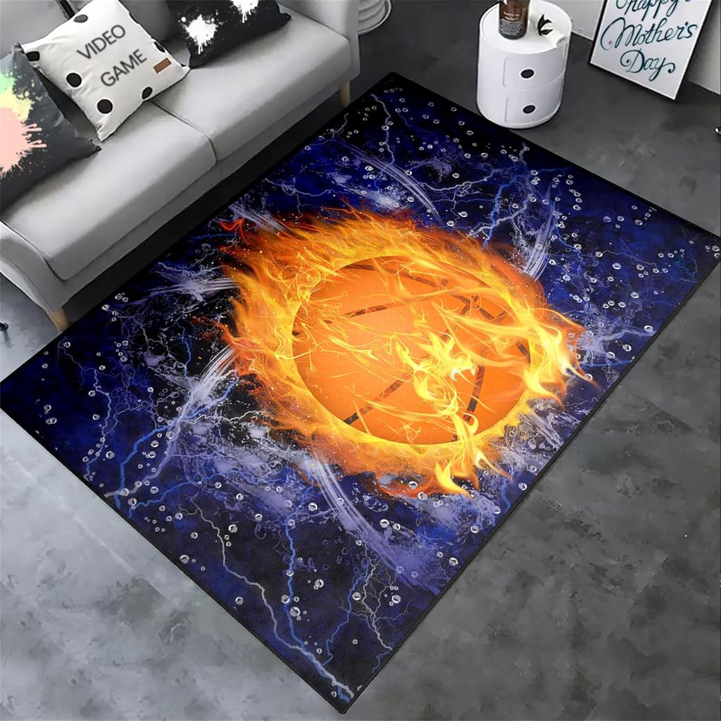 Flammen-Print Basketballteppich für Jungenzimmer und Spielzimmer, Rutschfester Sportteppich, Wohnzimmerdekoration