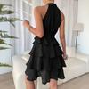 Women Halter Sleeveless Dress Ruffle Layered Swing Dress Loose Lightweight Elegant Solid Color