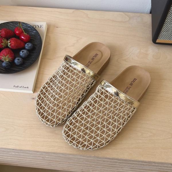 Fashion Slippers Women Summer Cover Toe Slides Female Shoes Fretwork Heels 2025 Soft Mesh Fabric Female Shoes Cover Toe Slippers Soft Sl