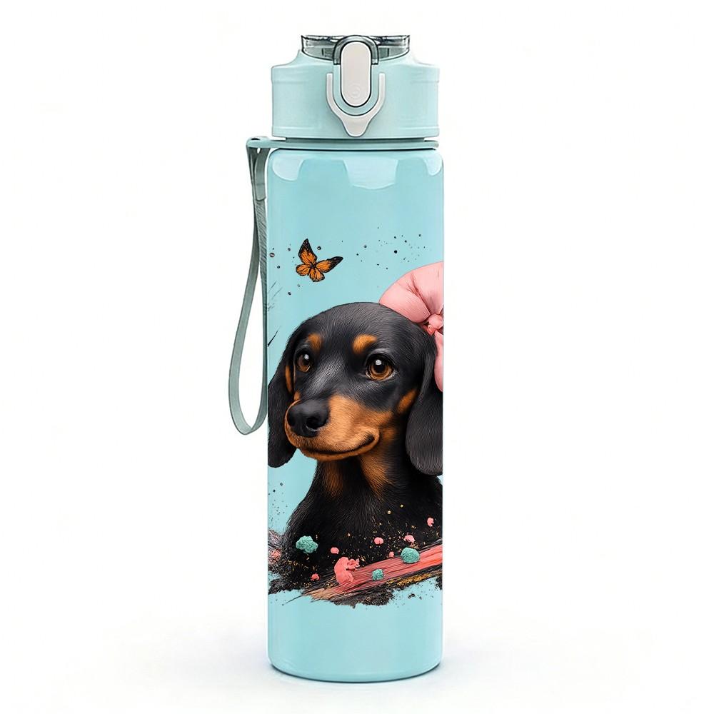 1PC Bow Dachshund Dog Portrait 750ml Color Plastic Sports Water Bottle Leakproof Flip Straw Lid Suitable for Sports Office Home Use
