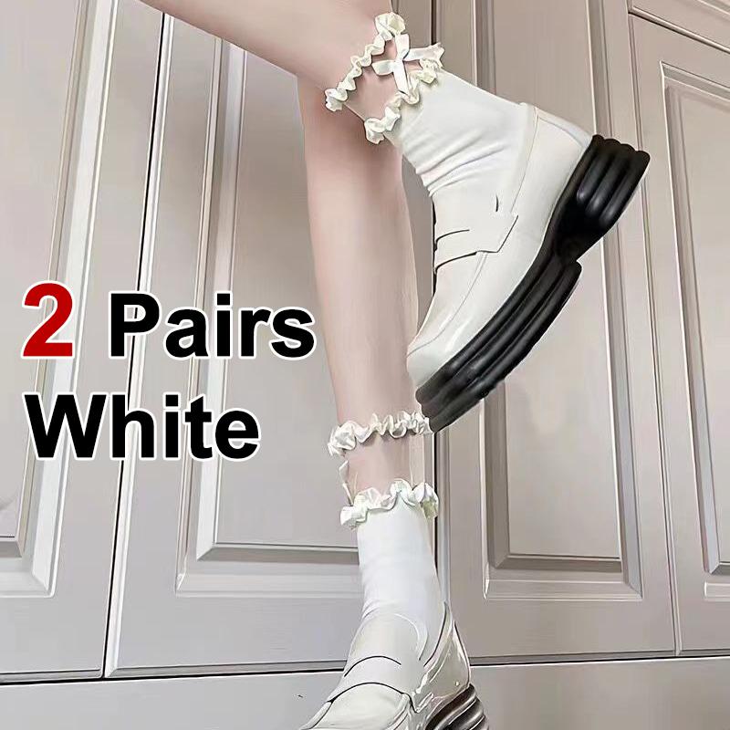 

2 пары женских белых носков с бантом и цветочным узором, модные летние носки в стиле Лолиты, впитывающие пот, дышащие, удобные, повседневные носки One Size