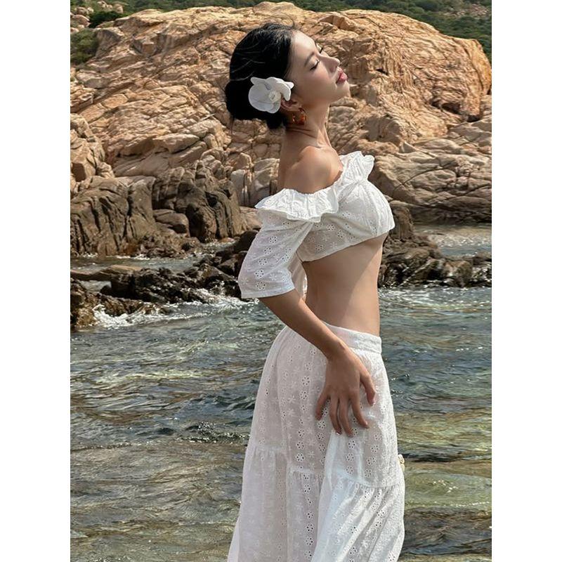 

# Sisjuly# Idyllic Floral Dark Pattern Cut Out Flounce Short Tops Cut Out Midi Dress Suit Women White T-Shirt(K25L75275) S
