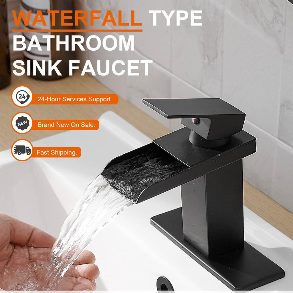 Single Hole Single Handle Modern Vanity Lavatory Basin Hot& Cold Mixer Tap with Drain Combo Matte Black Waterfall Basin Faucet