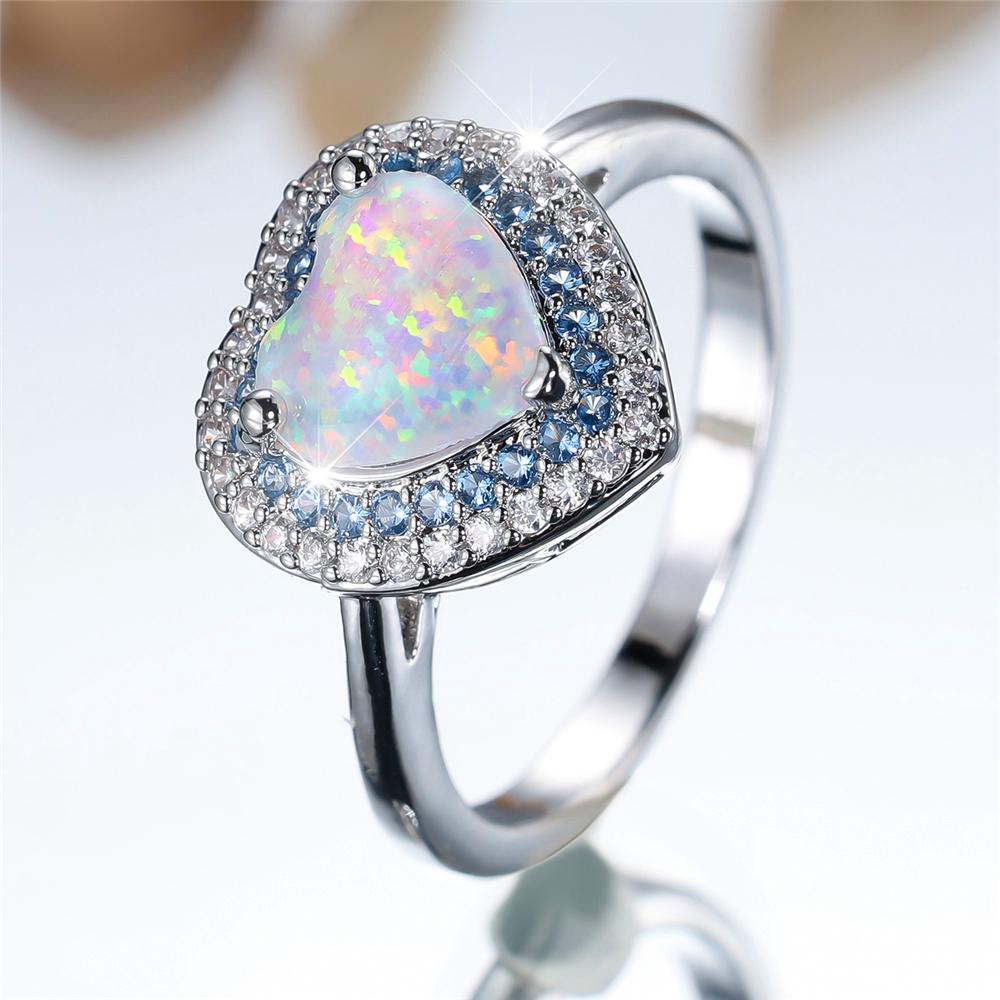 Trendy White Opal Crystal Love Heart Stone Vintage Silver Color Wedding Bands Engagement Rings For Wome Jewelry