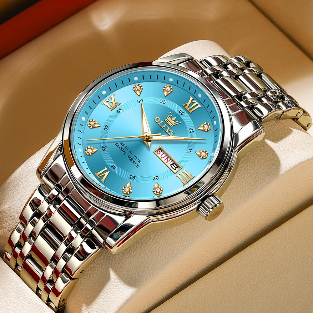OLEVS Men's Watch, Blue, Popular, Quartz Movement, Calendar, Waterproof, Stainless Steel, Stylish, Silver