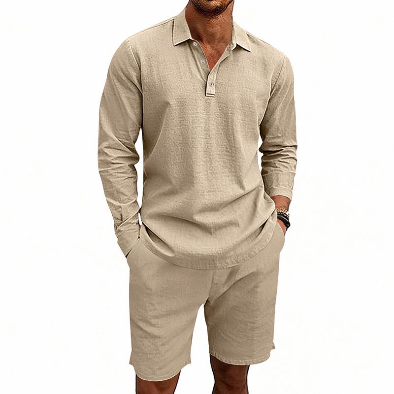 Men's Linen Summer Casual Long-Sleeve Polo Shirt and Shorts Set