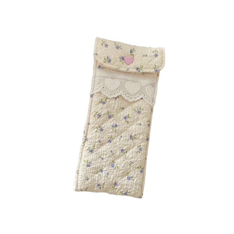 Kawaii Quilted Glasses Bag Cute Cartoon Eyeglasses Pouch Soft Cotton Sunglasses Case With Heart Button Lace For Women Girls