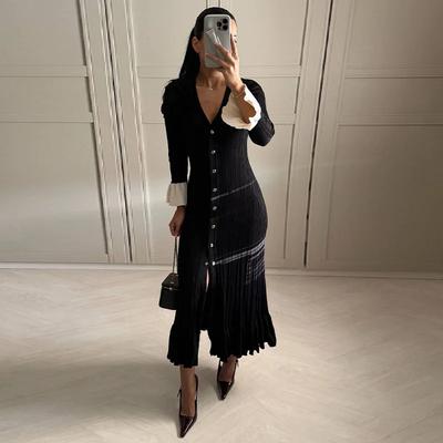 Zarif Örgü V Yaka Uzun Elbise Kadın Yama İşi Tek Düğmeli Uzun Kabarık Kollu Dar Elbiseler Şık Kadın Kalça Toparlayıcı Vestidos