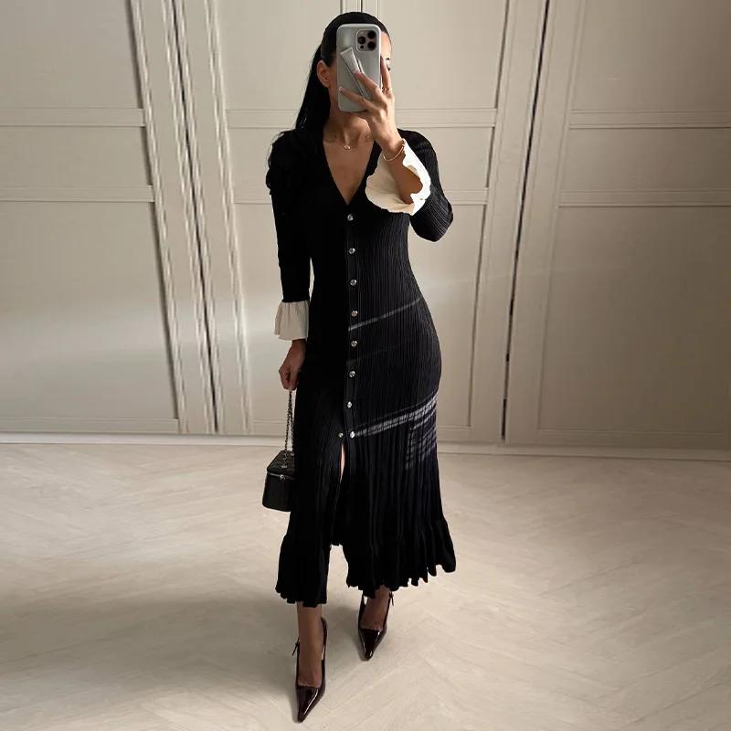LYRIA Elegant Knitted V-neck Long Dress Women Patchwork Single Breasted Long Puff Sleeve Slim Dresses Chic Female Hip Package Vestidos