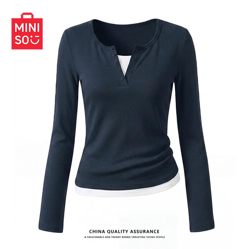 MINISO Women's Henry Neck Long-Sleeve Slim-Fit T-Shirt